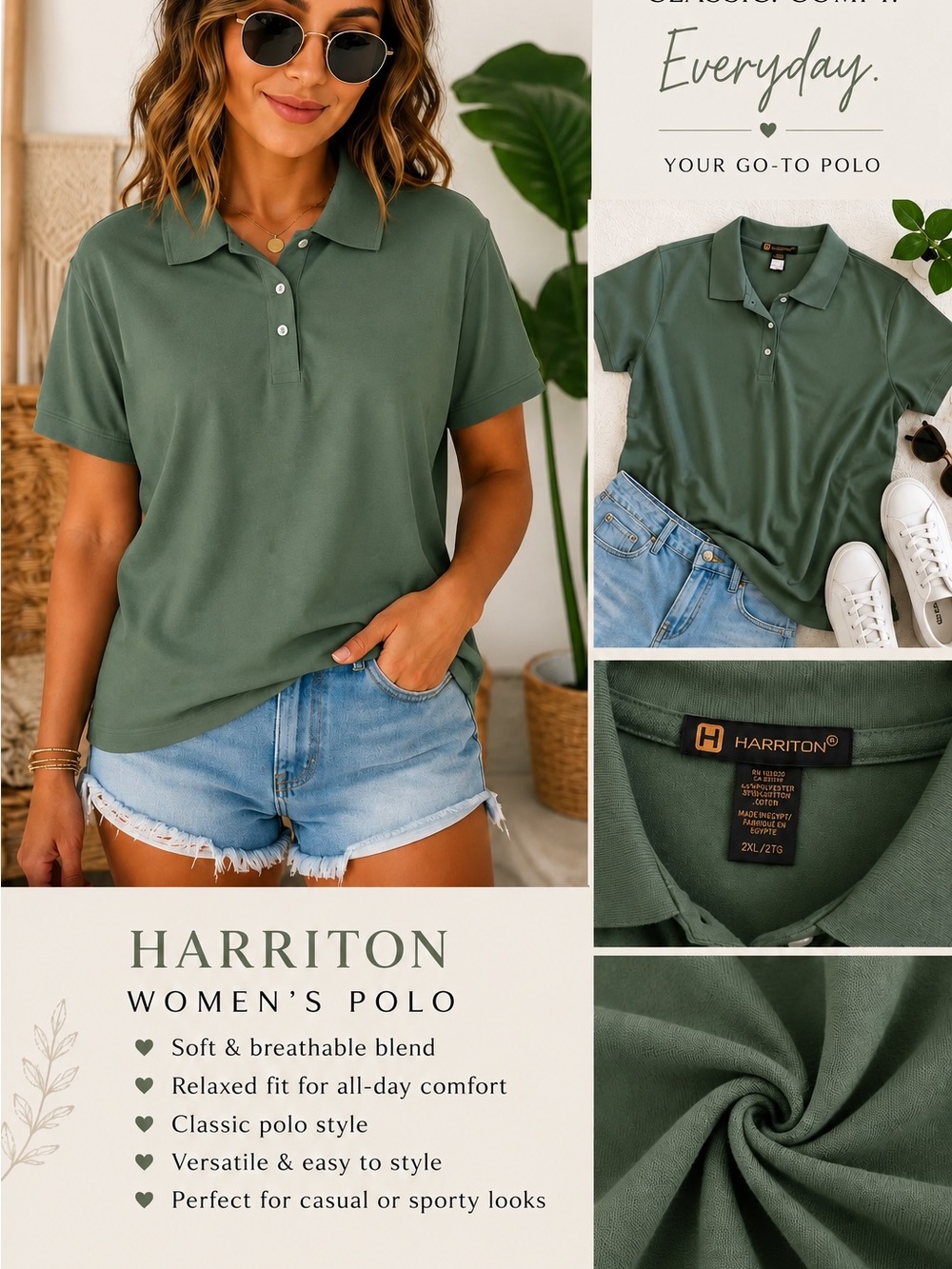 Harriton Women's Olive Green Polo Shirt - Classic Short Sleeve